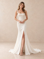 Square Neck Pearl Beaded Satin Sheath Wedding Dress with Front Slit