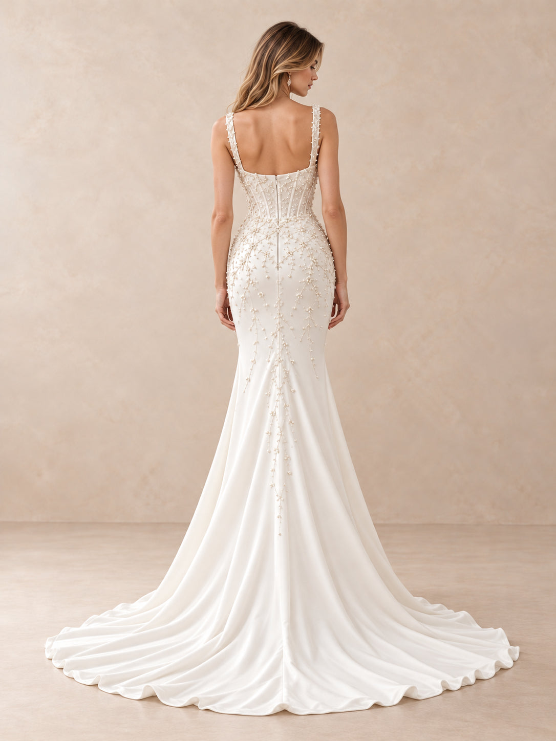 Square Neck Pearl Beaded Satin Sheath Wedding Dress with Front Slit