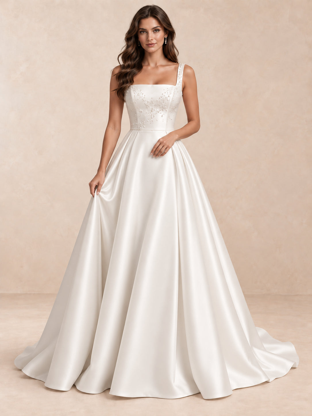 Square Neck Satin Wedding Dress with Pearl Details and Sweep Train