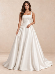 Square Neck Satin Wedding Dress with Pearl Details and Sweep Train