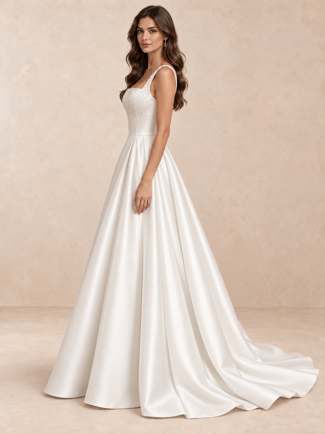 Square Neck Satin Wedding Dress with Pearl Details and Sweep Train