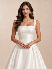 Square Neck Satin Wedding Dress with Pearl Details and Sweep Train