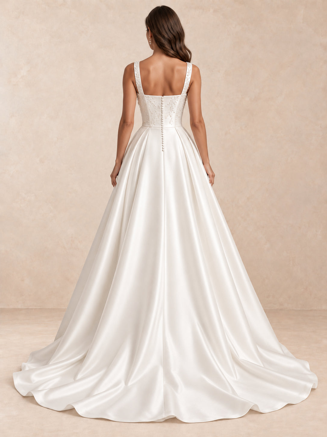 Square Neck Satin Wedding Dress with Pearl Details and Sweep Train