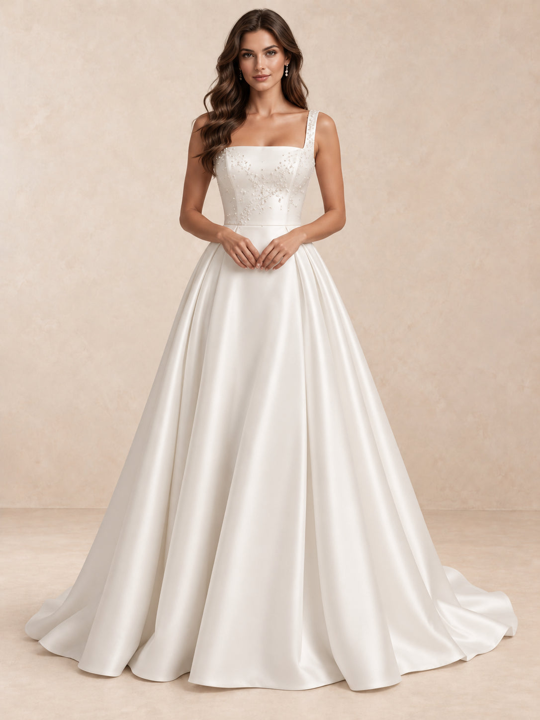 Square Neck Satin Wedding Dress with Pearl Details and Sweep Train