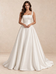 Square Neck Satin Wedding Dress with Pearl Details and Sweep Train
