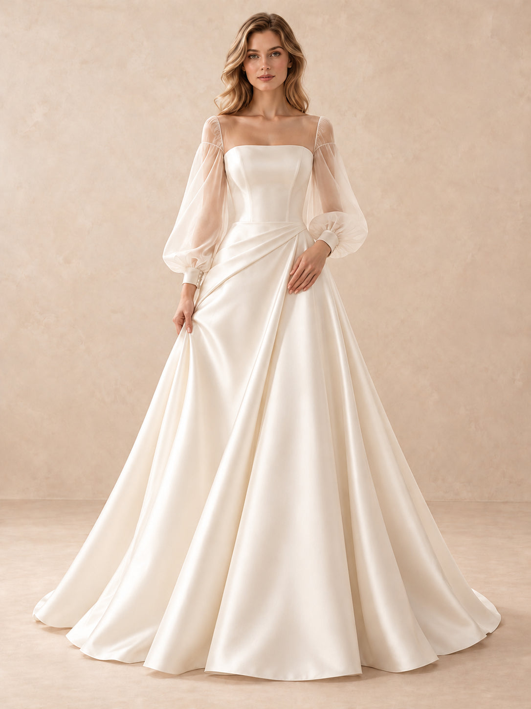 Square Neck Satin A-Line Wedding Dress with Sheer Puff Sleeves