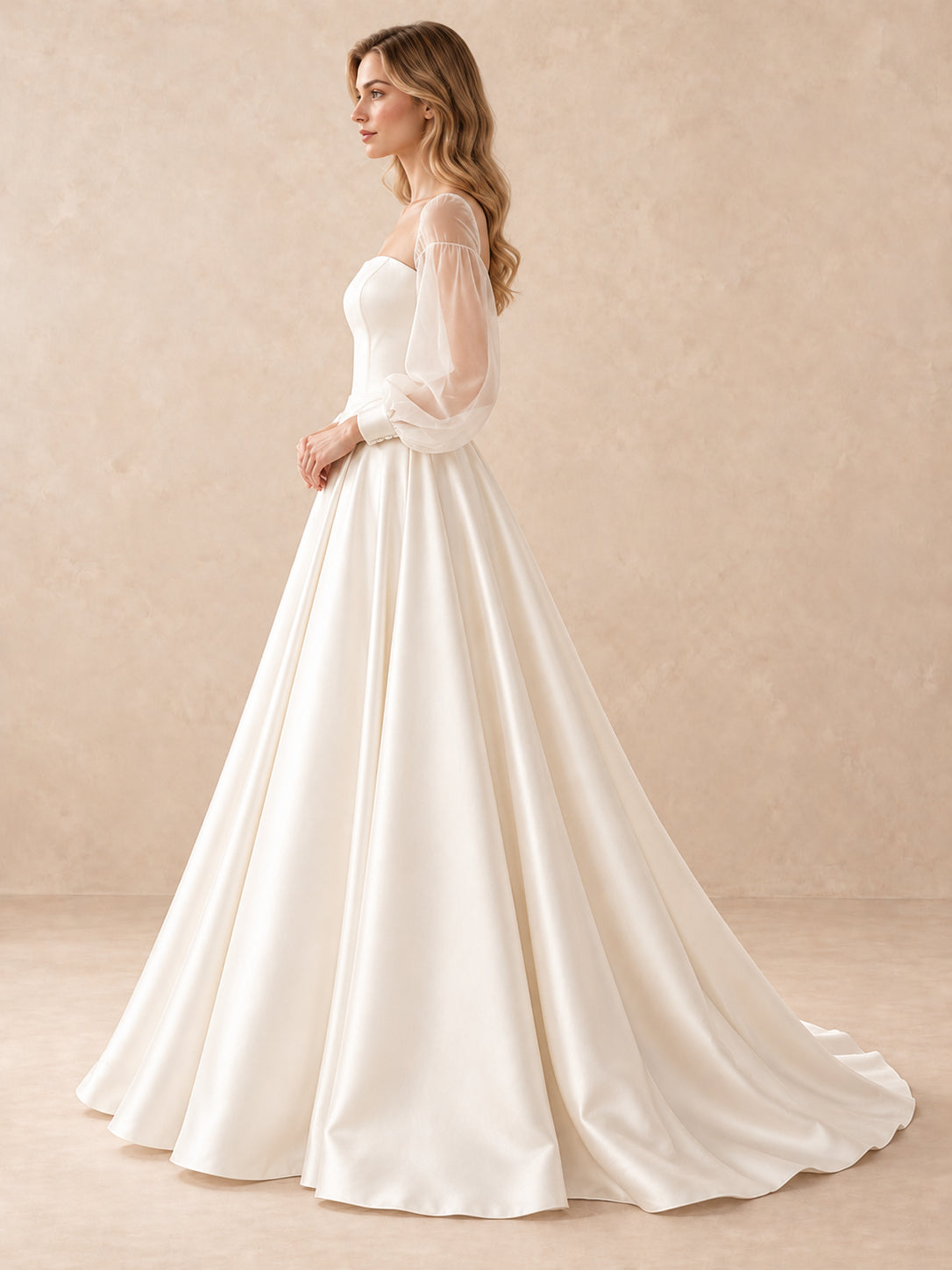 Square Neck Satin A-Line Wedding Dress with Sheer Puff Sleeves
