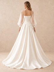 Square Neck Satin A-Line Wedding Dress with Sheer Puff Sleeves