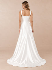 Square Neck Satin A-Line Wedding Dress with Wide Straps