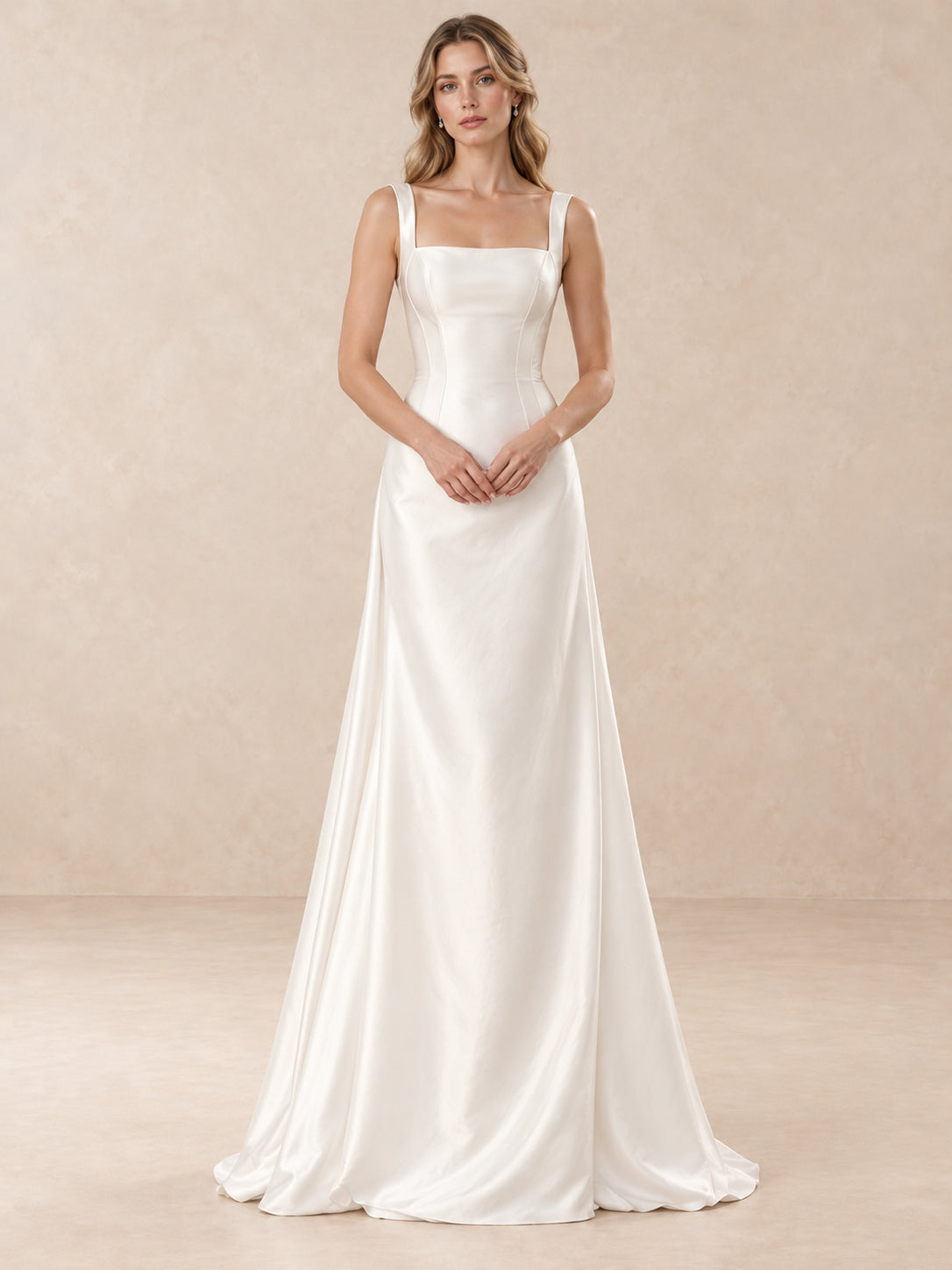 Square Neck Satin A-Line Wedding Dress with Wide Straps