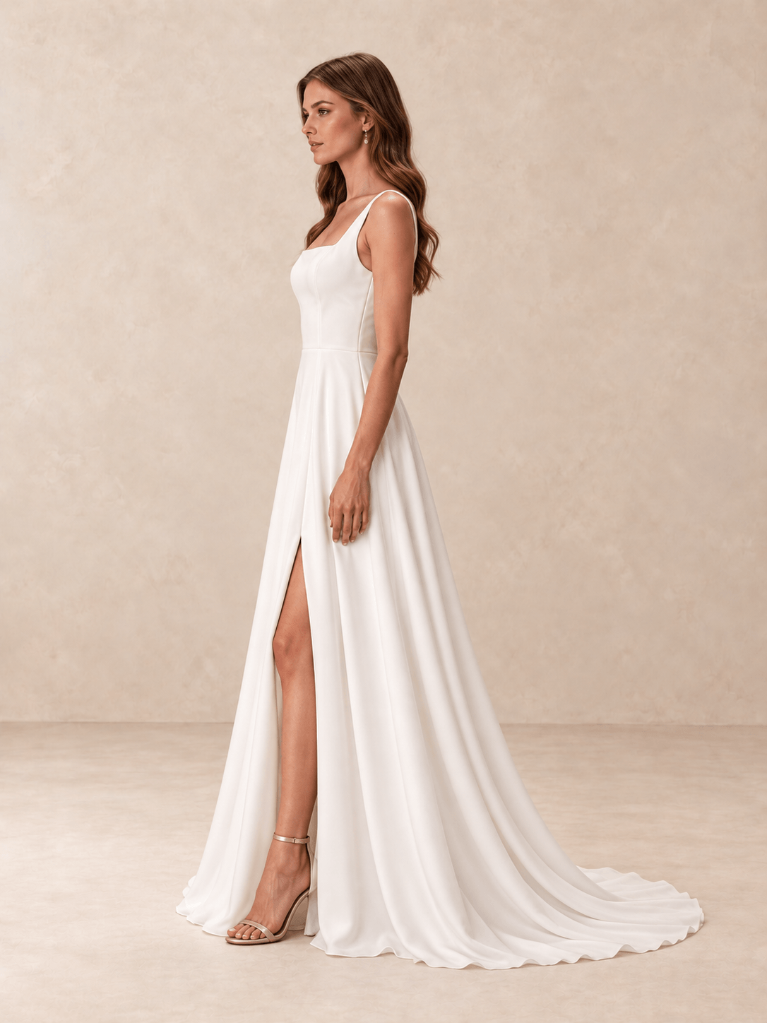 Square Neck Satin Crepe A-Line Wedding Dress with Side Slit