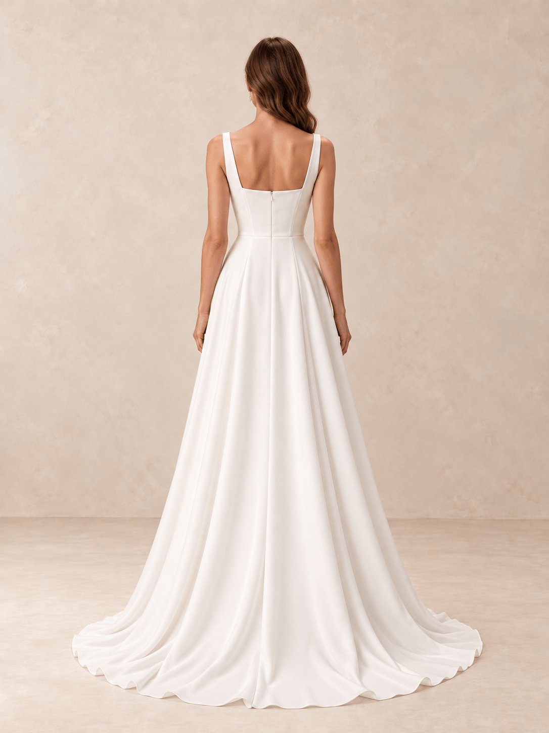 Square Neck Satin Crepe A-Line Wedding Dress with Side Slit