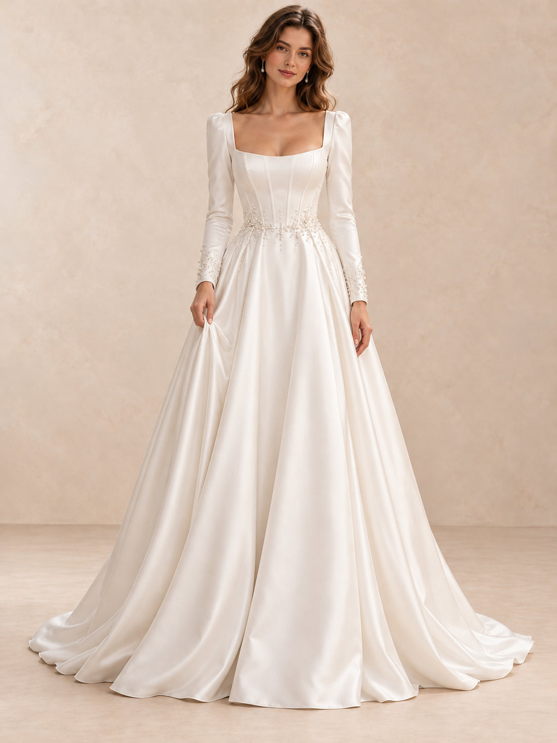 Square Neck Satin Long Sleeves Ball Gown Wedding Dress With Pearl Beading