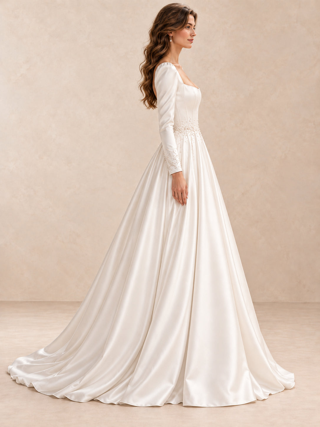 Square Neck Satin Long Sleeves Ball Gown Wedding Dress With Pearl Beading