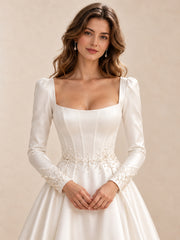 Square Neck Satin Long Sleeves Ball Gown Wedding Dress With Pearl Beading