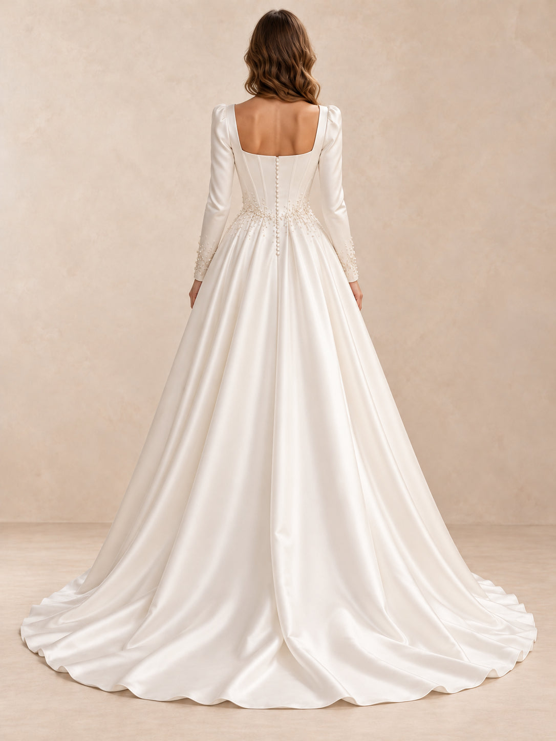 Square Neck Satin Long Sleeves Ball Gown Wedding Dress With Pearl Beading