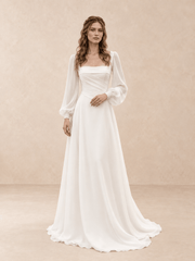 Square Neck Satin Wedding Dress with Chiffon Bishop Sleeves