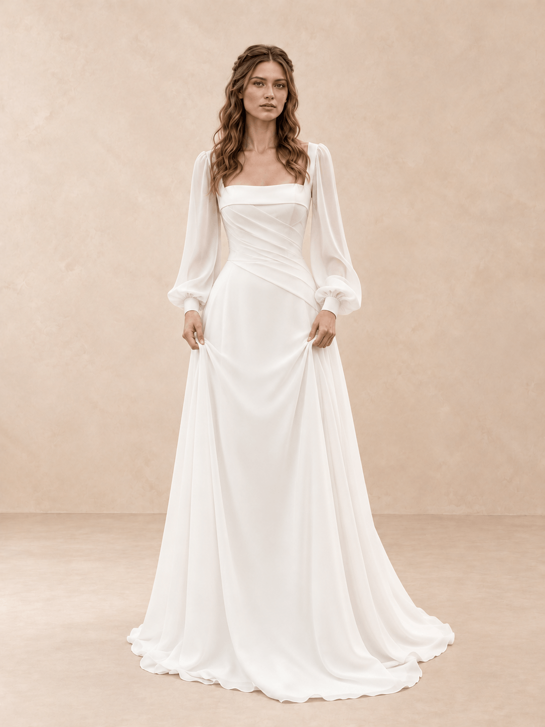 Square Neck Satin Wedding Dress with Chiffon Bishop Sleeves