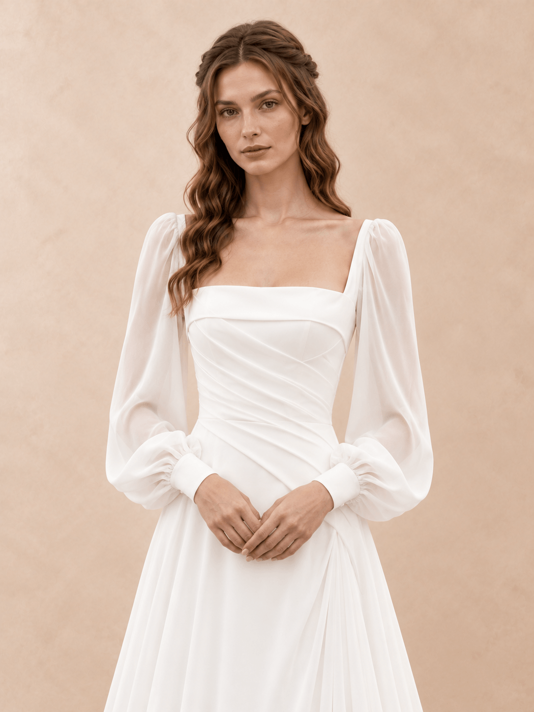 Square Neck Satin Wedding Dress with Chiffon Bishop Sleeves