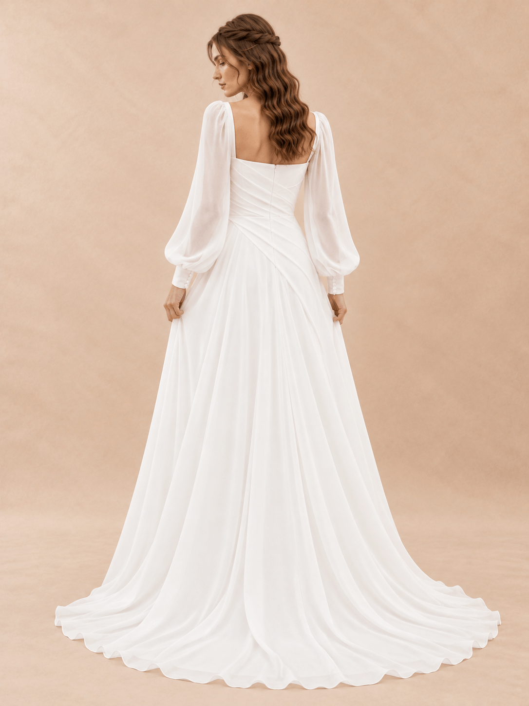 Square Neck Satin Wedding Dress with Chiffon Bishop Sleeves