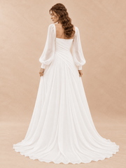 Square Neck Satin Wedding Dress with Chiffon Bishop Sleeves