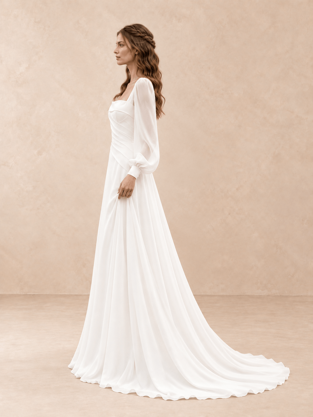 Square Neck Satin Wedding Dress with Chiffon Bishop Sleeves