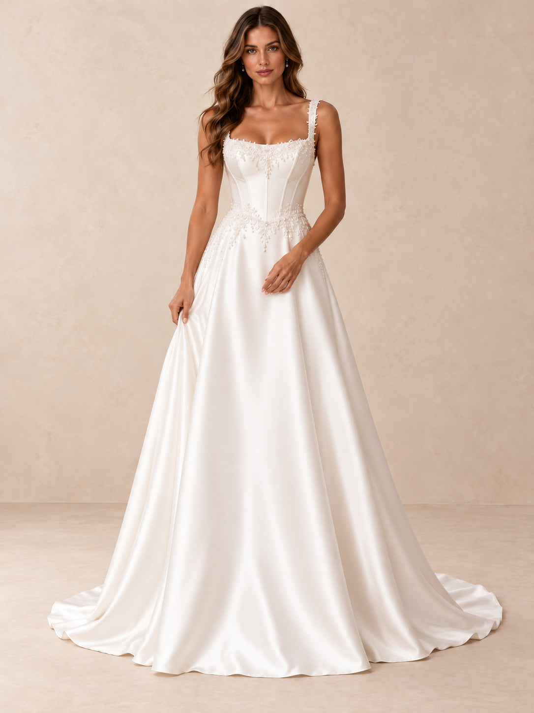 Square Neckline Satin A-Line Wedding Dress with Pearl-Beaded