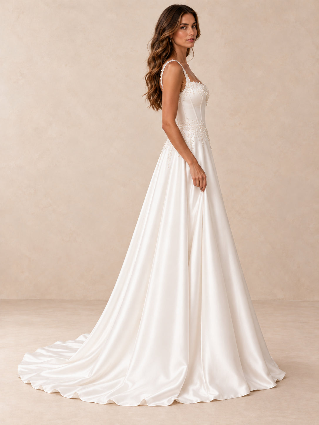 Square Neckline Satin A-Line Wedding Dress with Pearl-Beaded