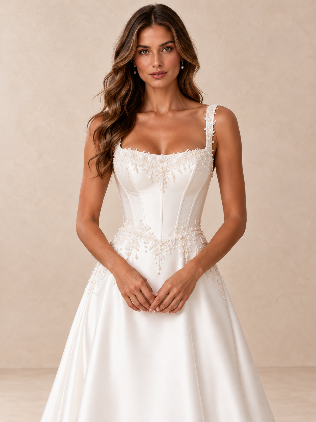 Square Neckline Satin A-Line Wedding Dress with Pearl-Beaded