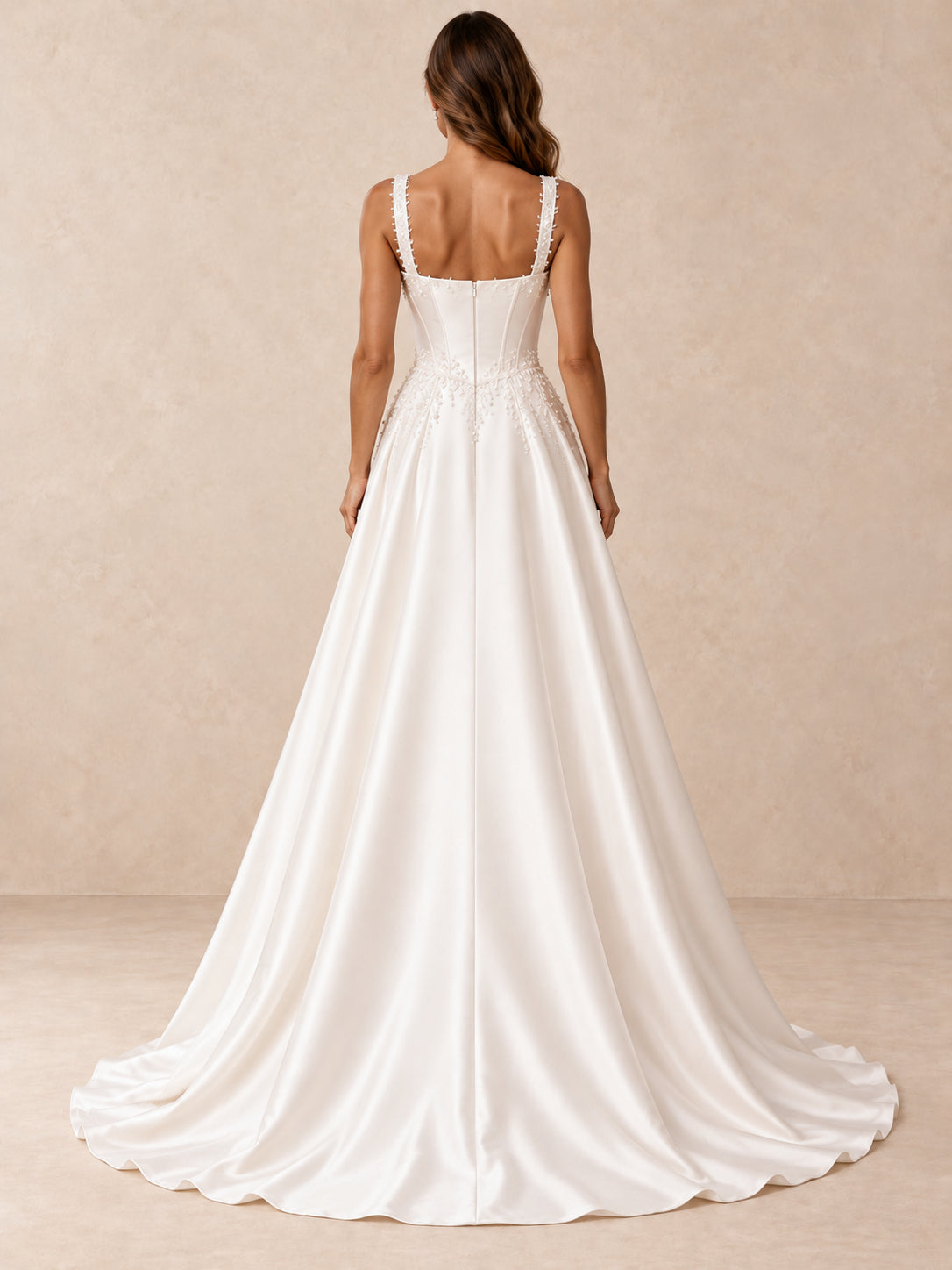 Square Neckline Satin A-Line Wedding Dress with Pearl-Beaded