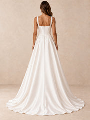 Square Neckline Satin A-Line Wedding Dress with Pearl-Beaded