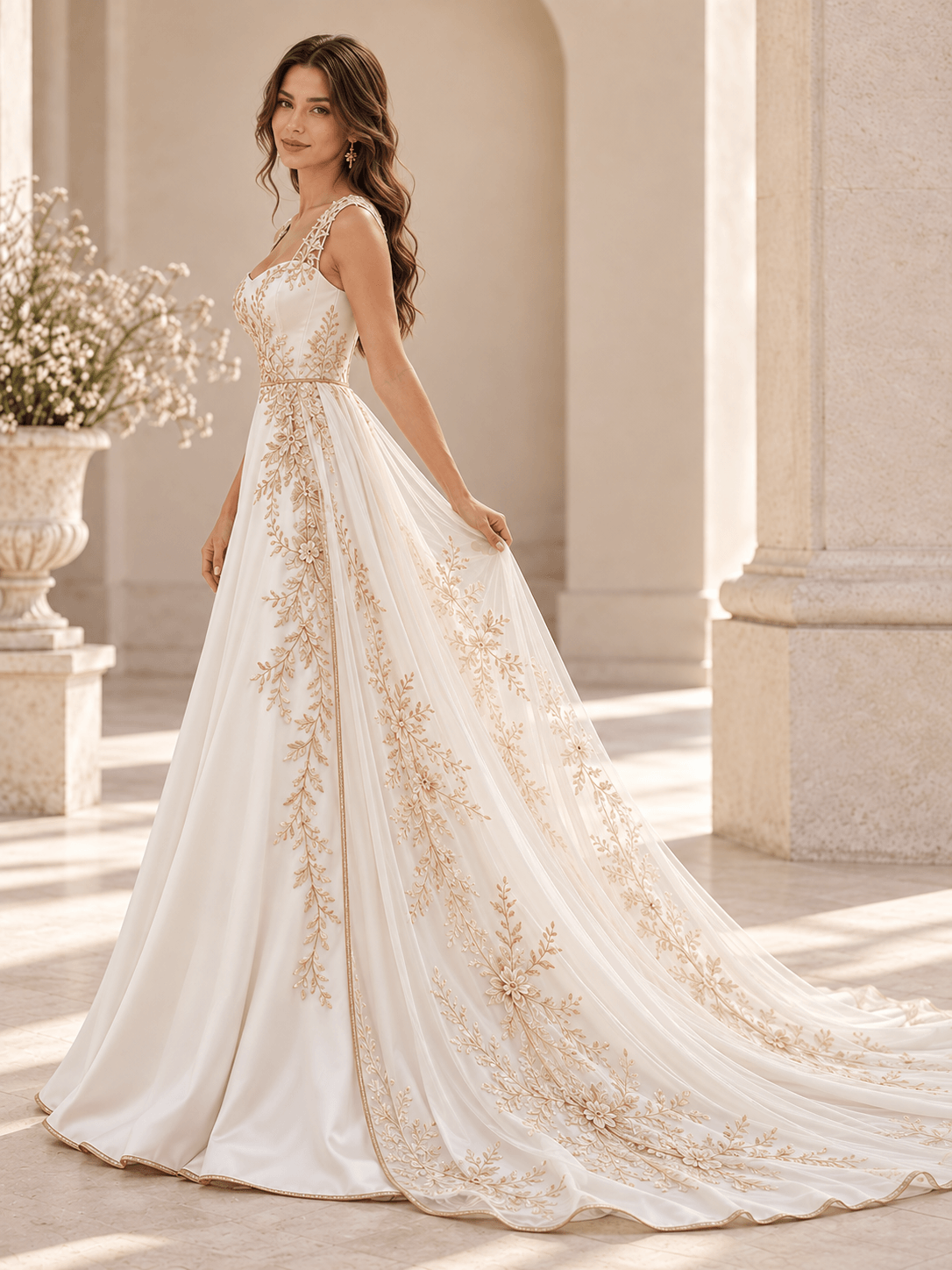 Square Strap Gold Floral Embroidered A-Line Satin Wedding Dress with Chapel Train