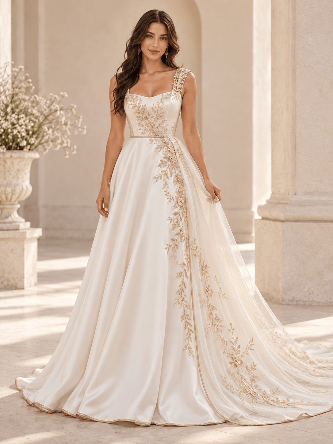 Square Strap Gold Floral Embroidered A-Line Satin Wedding Dress with Chapel Train