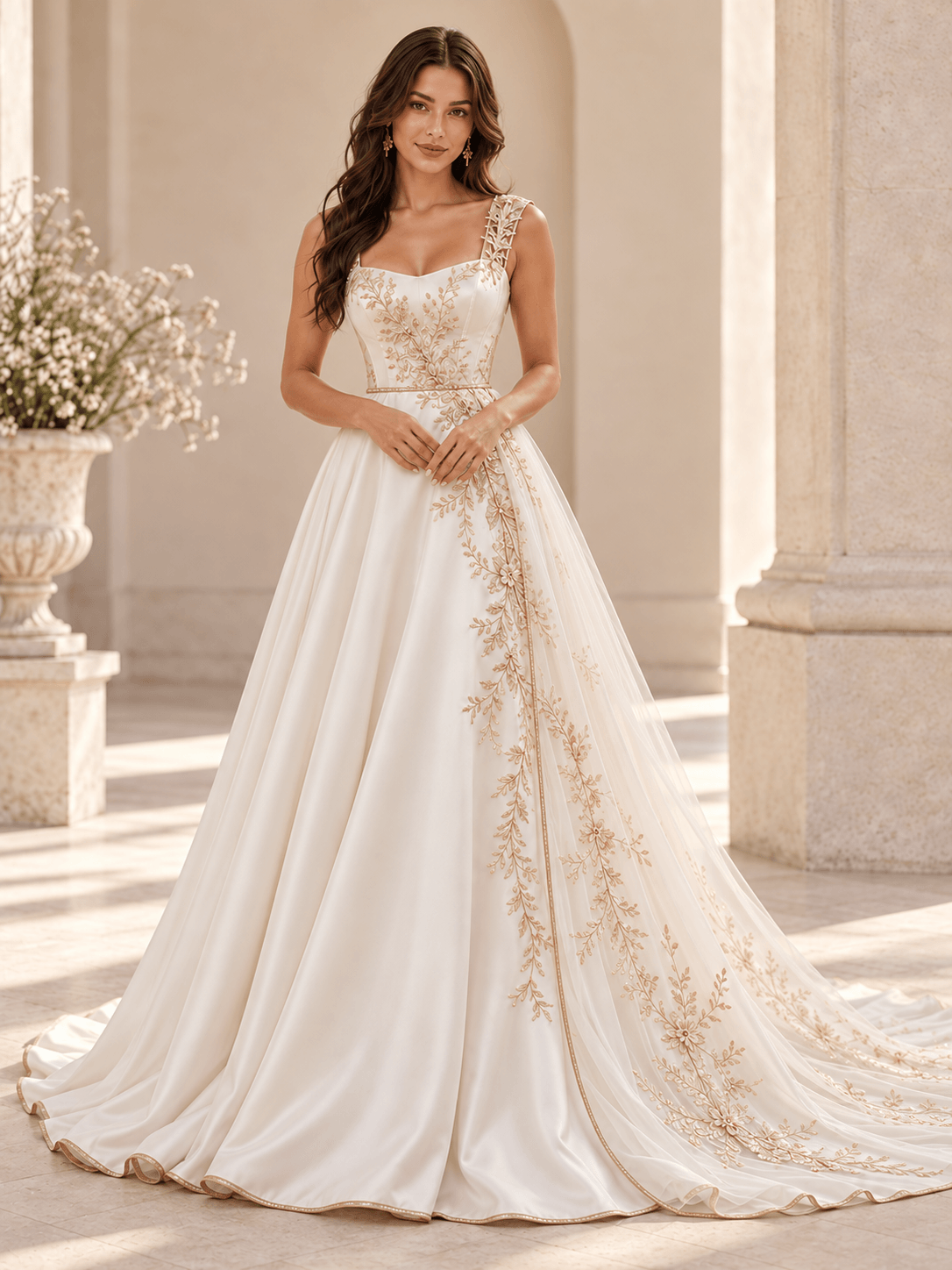 Square Strap Gold Floral Embroidered A-Line Satin Wedding Dress with Chapel Train