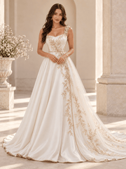 Square Strap Gold Floral Embroidered A-Line Satin Wedding Dress with Chapel Train