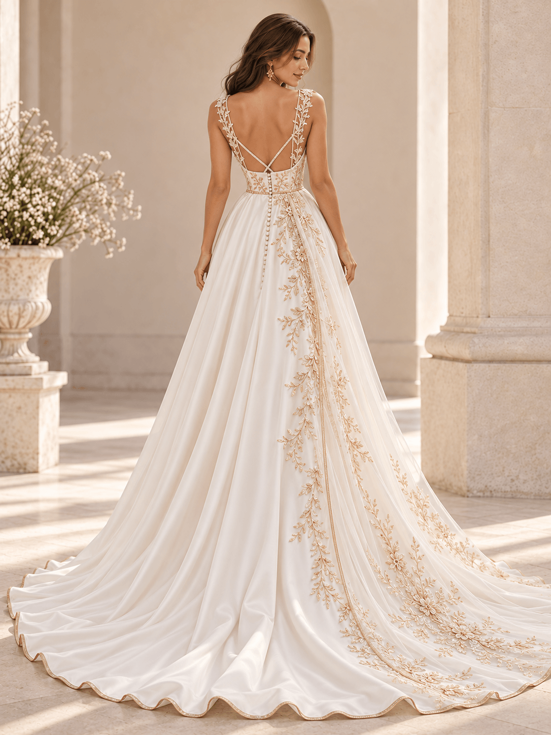 Square Strap Gold Floral Embroidered A-Line Satin Wedding Dress with Chapel Train