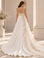 Square Strap Gold Floral Embroidered A-Line Satin Wedding Dress with Chapel Train