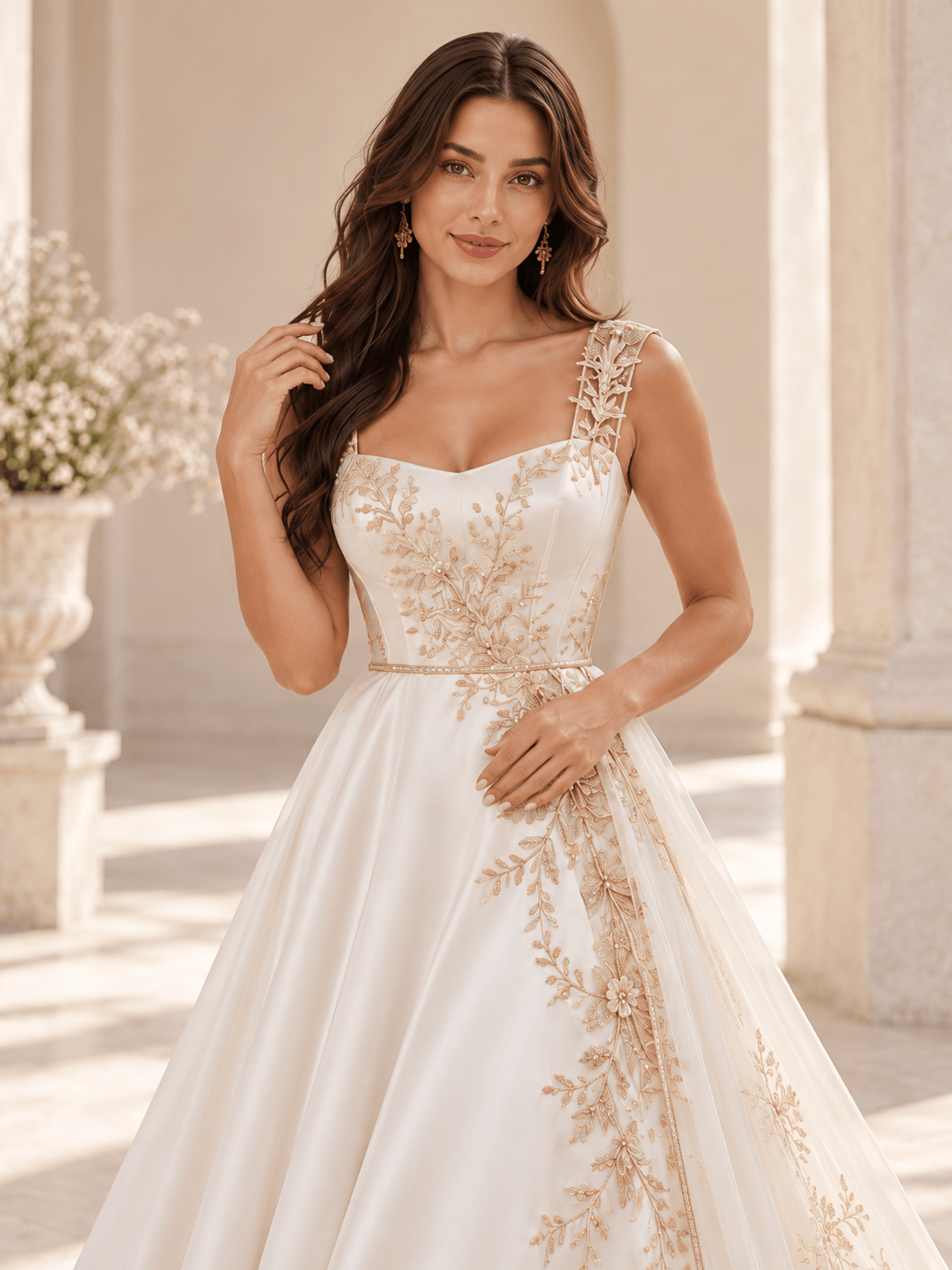 Square Strap Gold Floral Embroidered A-Line Satin Wedding Dress with Chapel Train