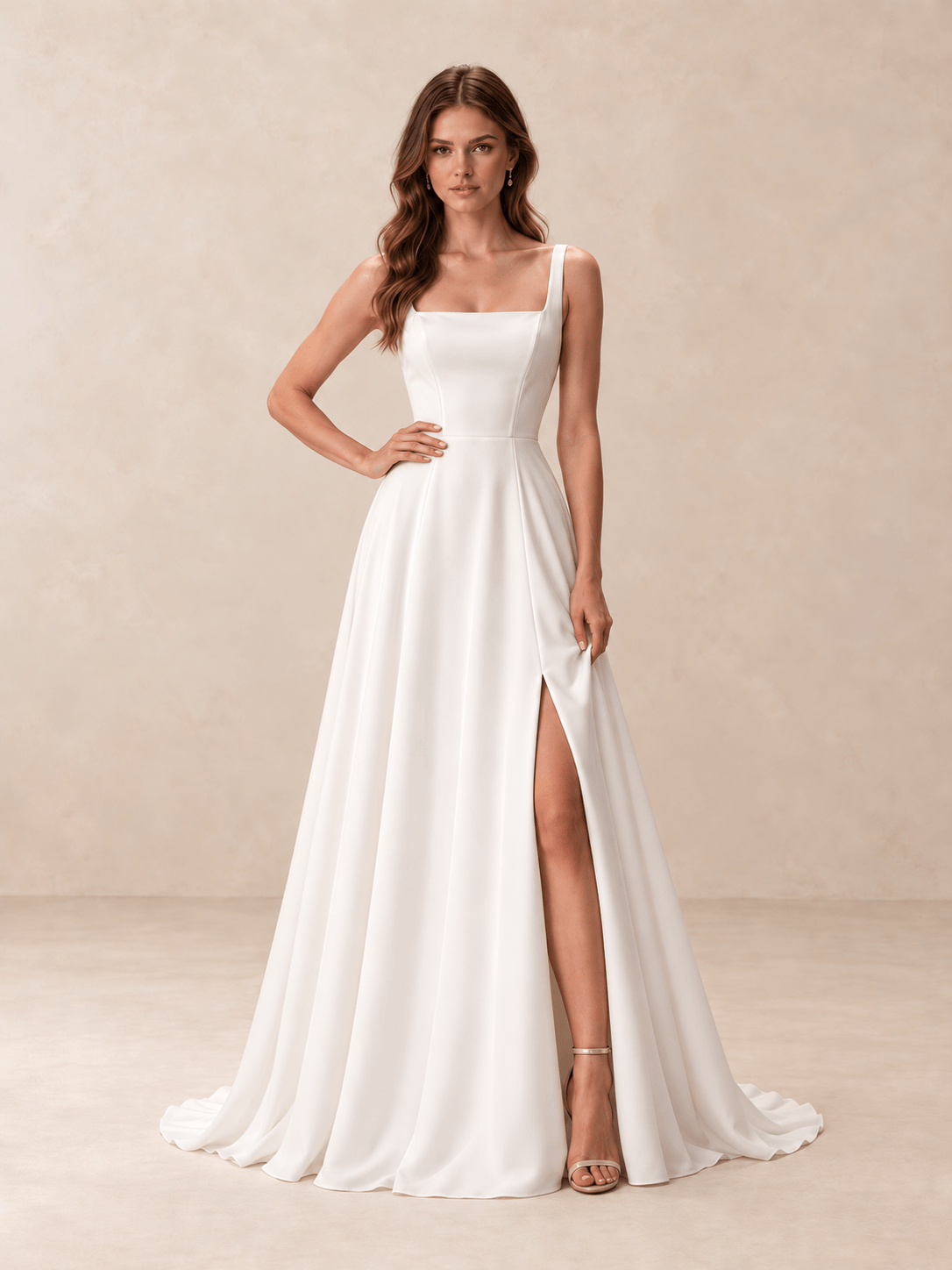 Square Neck Satin Crepe A-Line Wedding Dress with Side Slit