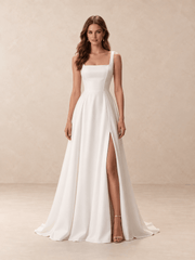 Square Neck Satin Crepe A-Line Wedding Dress with Side Slit