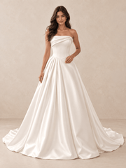 Strapless Asymmetric Draped White Satin Ball Gown Wedding Dress