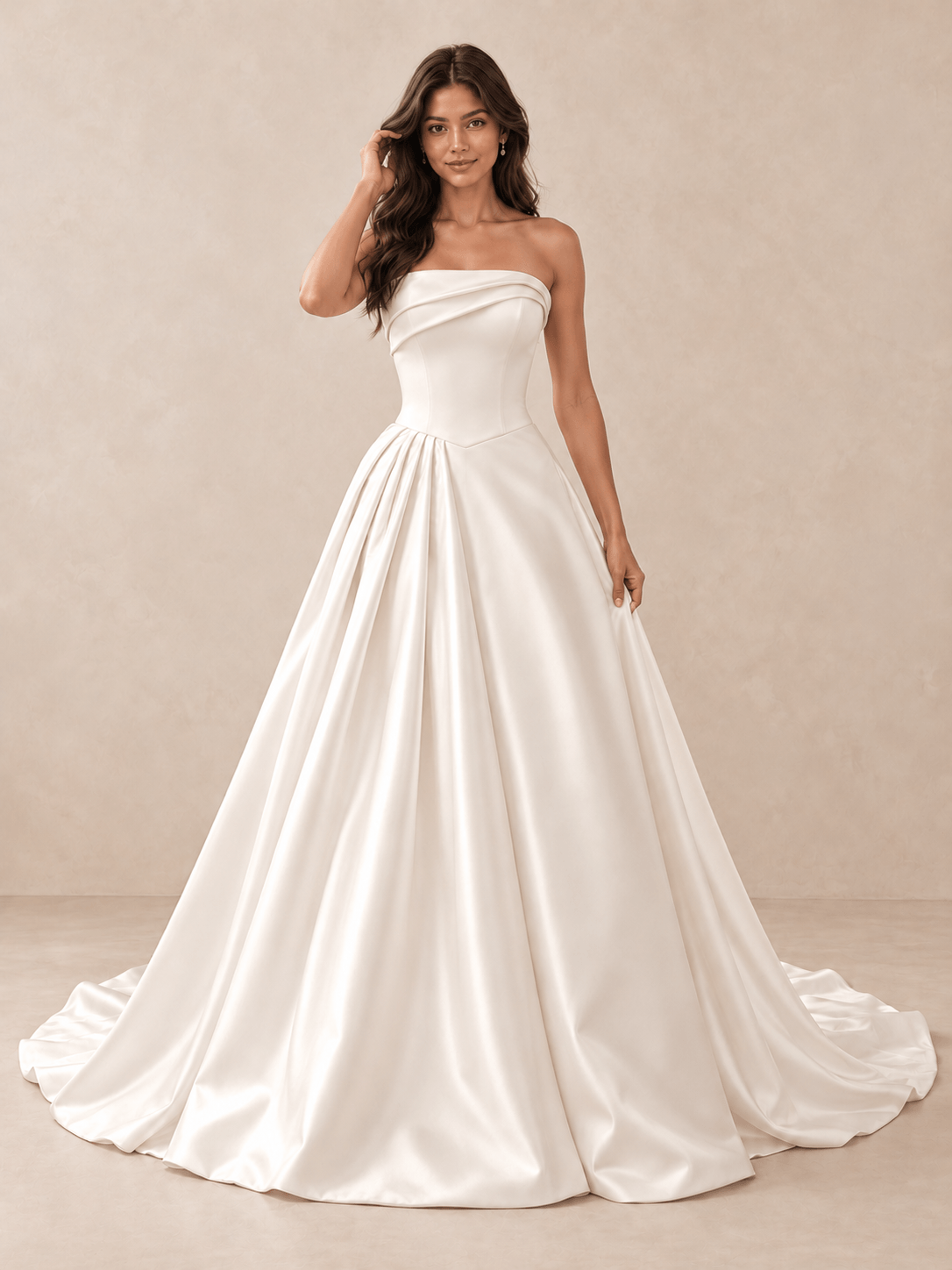 Strapless Asymmetric Draped White Satin Ball Gown Wedding Dress