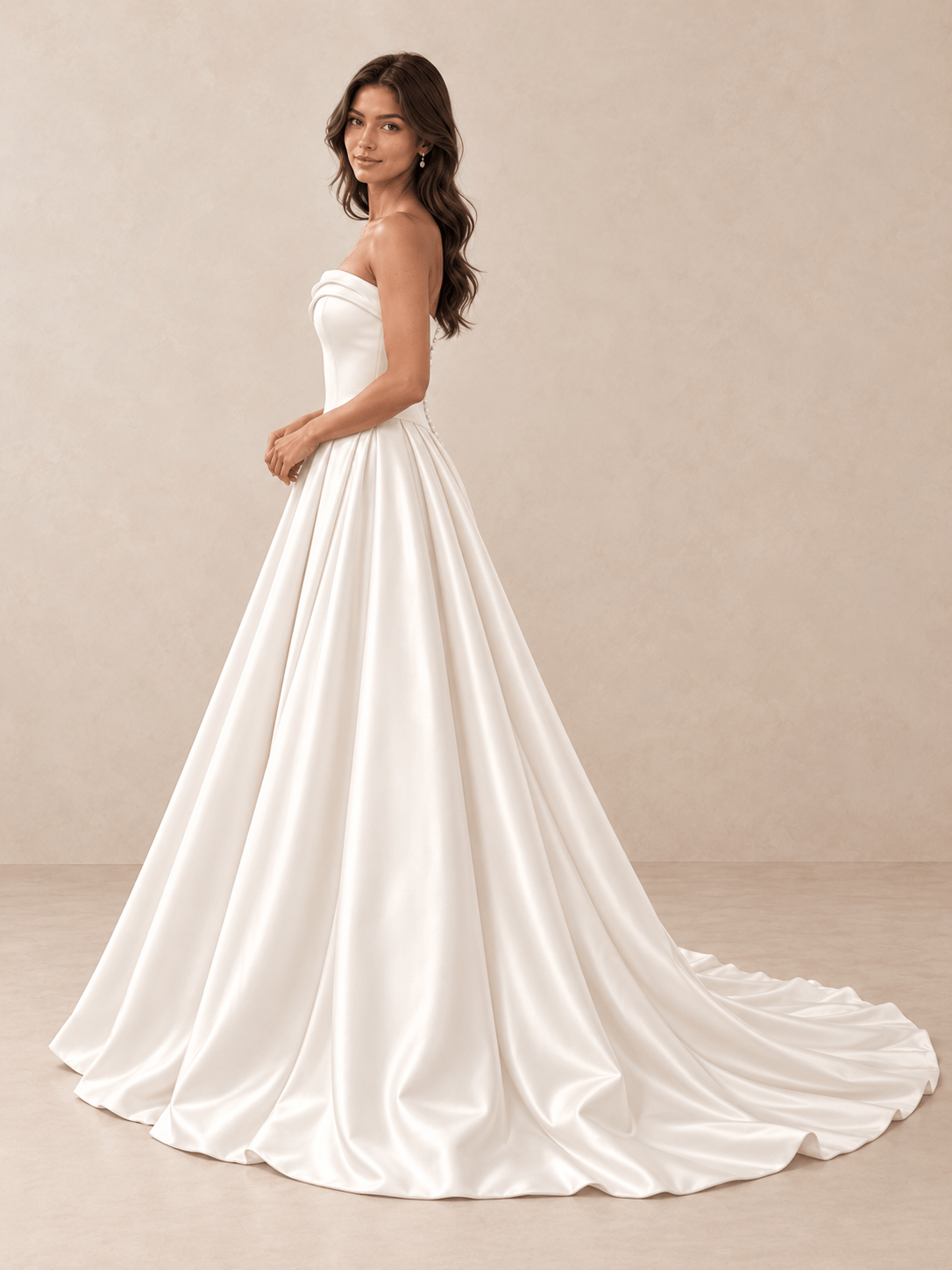 Strapless Asymmetric Draped White Satin Ball Gown Wedding Dress