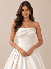 Strapless Asymmetric Draped White Satin Ball Gown Wedding Dress