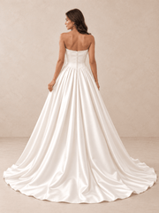 Strapless Asymmetric Draped White Satin Ball Gown Wedding Dress