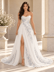 Strapless Blue Floral Embroidered A-Line Wedding Dress with Slit