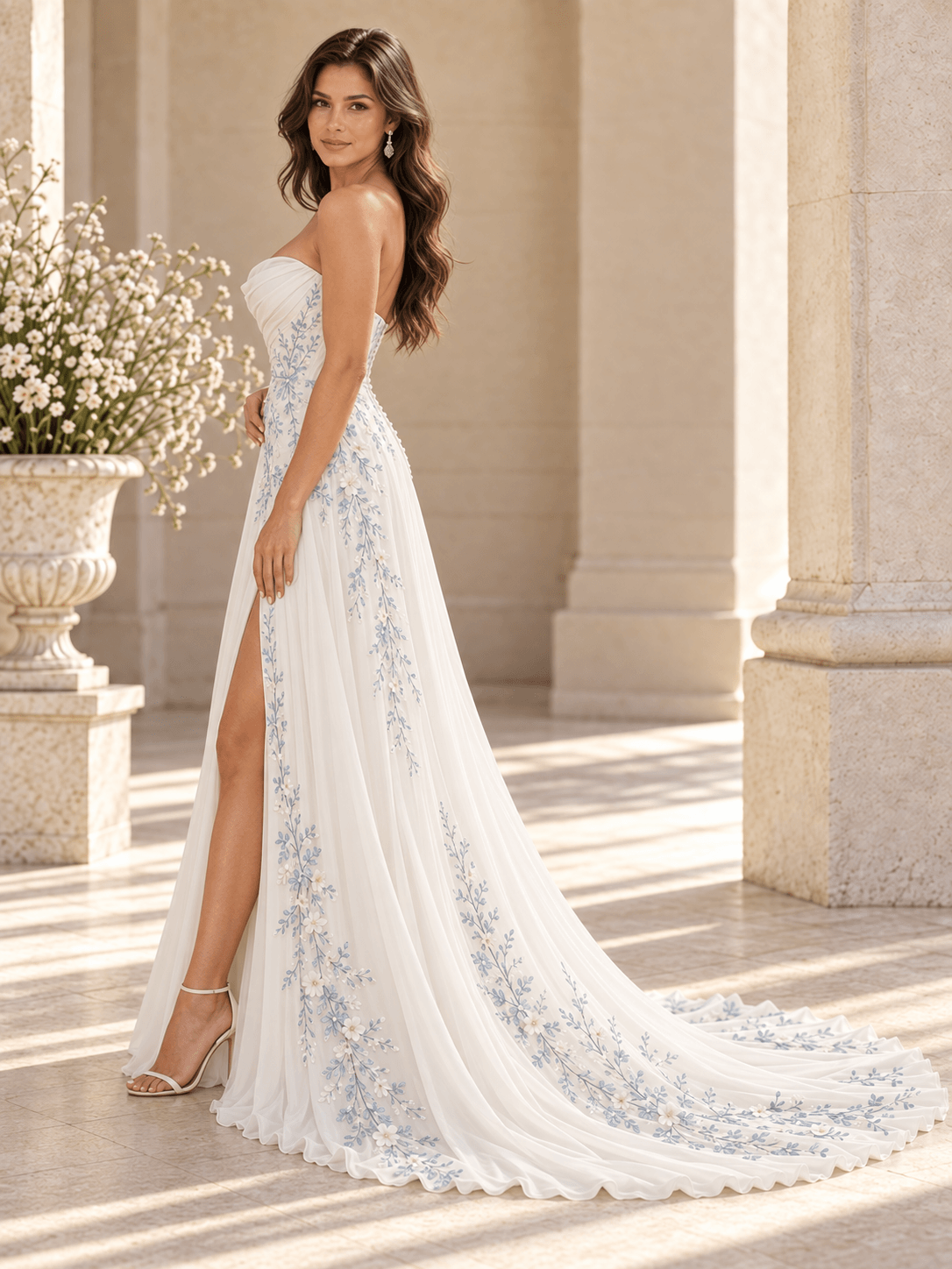 Strapless Blue Floral Embroidered A-Line Wedding Dress with Slit