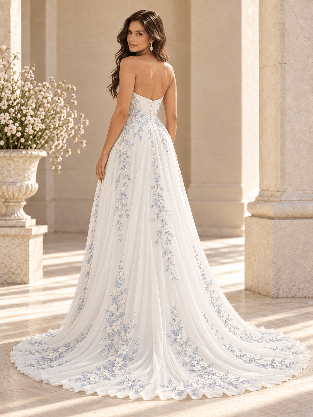 Strapless Blue Floral Embroidered A-Line Wedding Dress with Slit