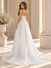 Strapless Blue Floral Embroidered A-Line Wedding Dress with Slit