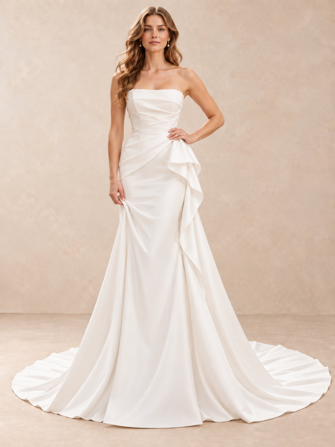 Strapless Draped Mermaid Wedding Dress with Cascading Side Ruffle